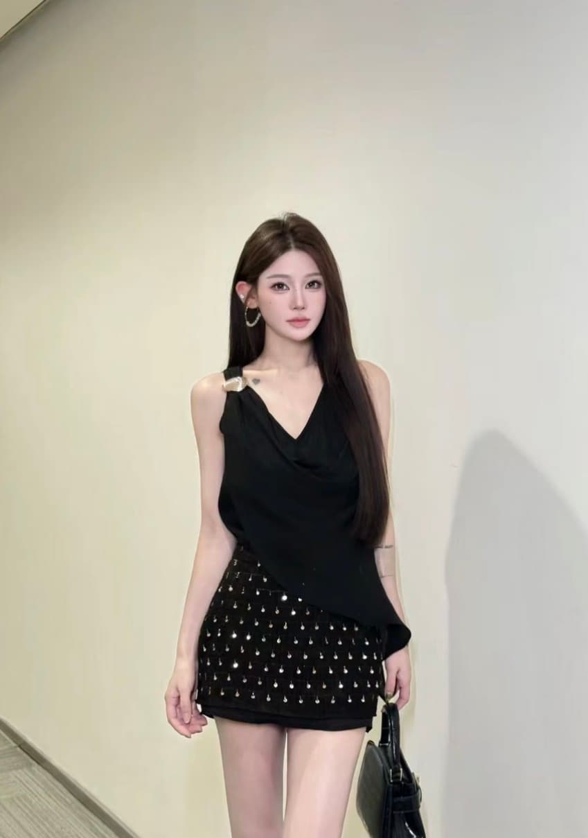 fanfan 여가 시간 순간 여름 새로운 스팽글 반신 스커트 하이웨이스트 디자인 센스 여성 의류 투피스 세트 이미지 2