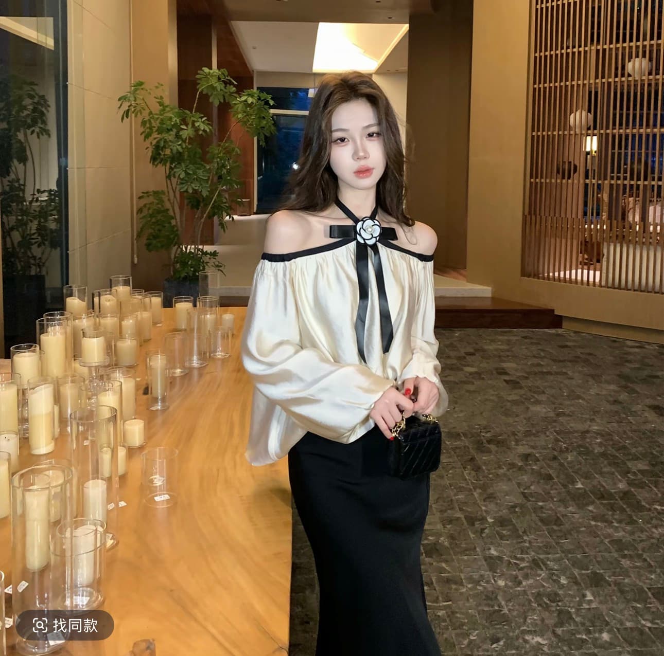 무쯔리 목자이 ~ 중 리 밤 머리말 송곳니 부드러운 빛 럭셔리 바람 오프숄더 행침 목 나비 매듭 긴팔 맨위 새틴 반 스커트 세트