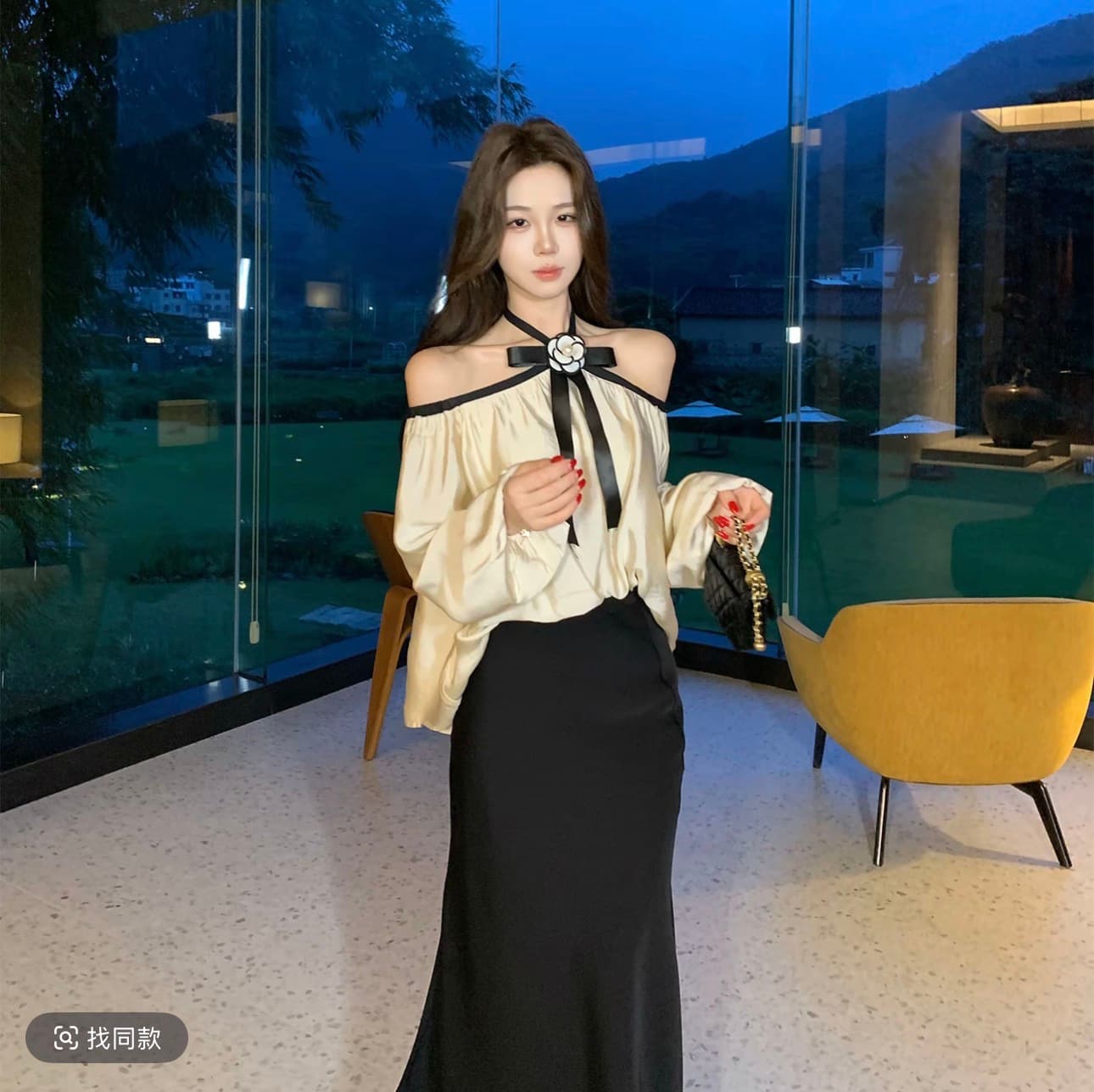 무쯔리 목자이 ~ 중 리 밤 머리말 송곳니 부드러운 빛 럭셔리 바람 오프숄더 행침 목 나비 매듭 긴팔 맨위 새틴 반 스커트 세트 이미지 4