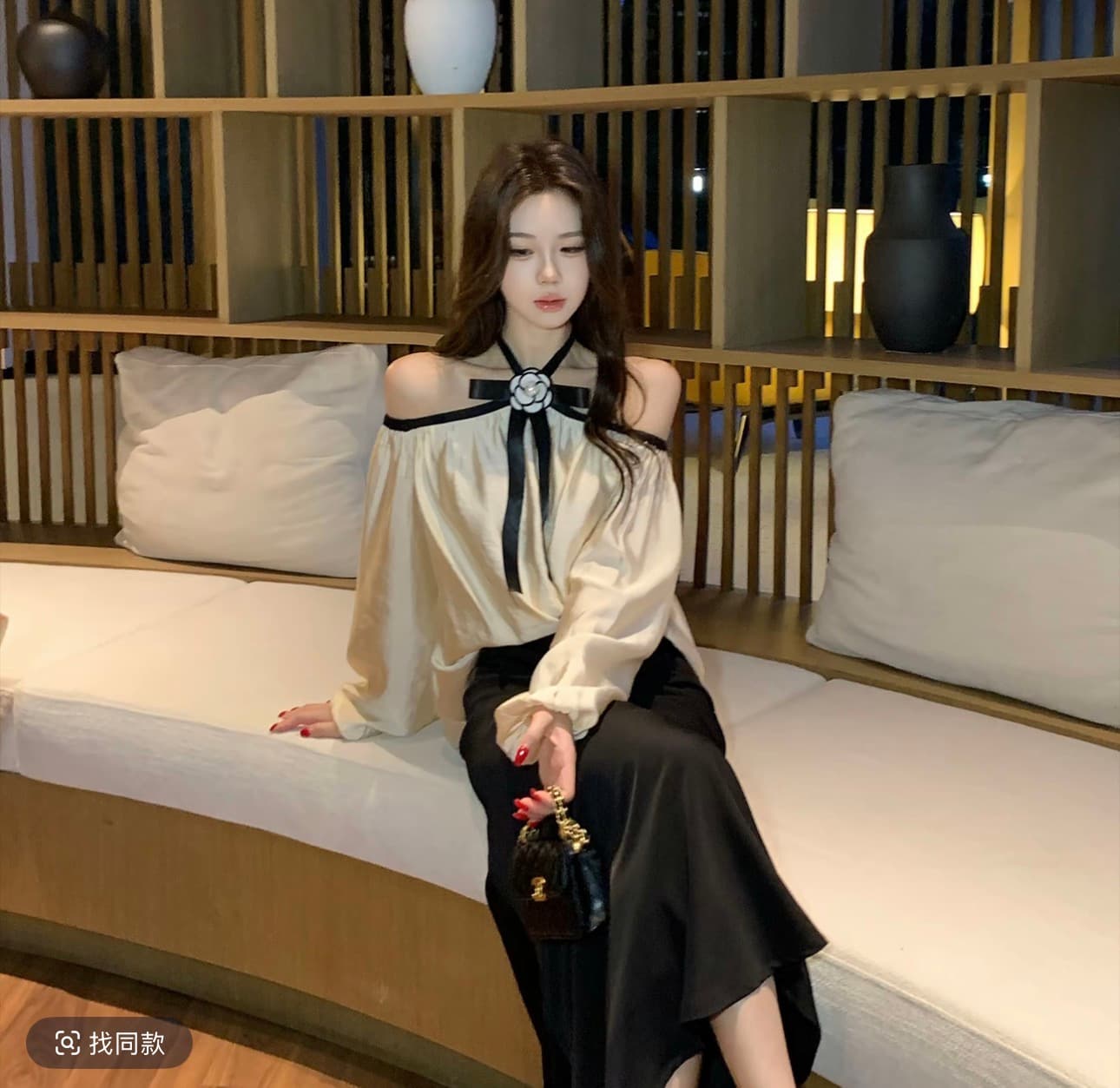 무쯔리 목자이 ~ 중 리 밤 머리말 송곳니 부드러운 빛 럭셔리 바람 오프숄더 행침 목 나비 매듭 긴팔 맨위 새틴 반 스커트 세트 이미지 3