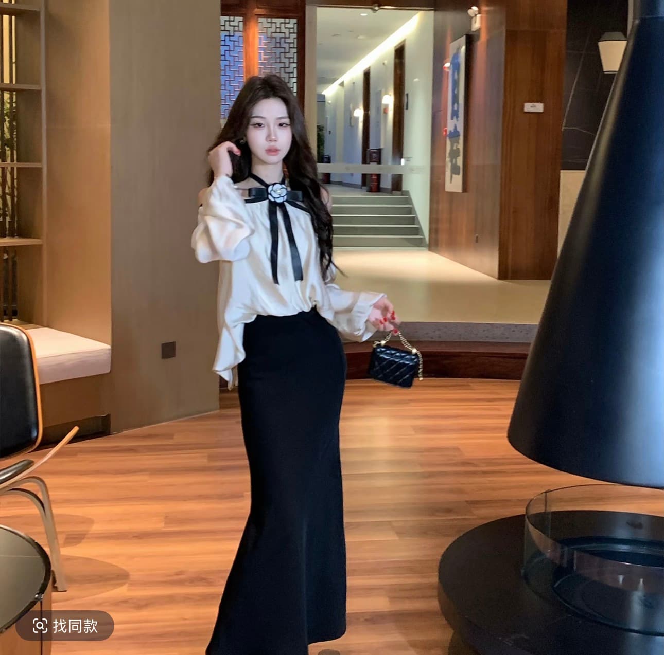 무쯔리 목자이 ~ 중 리 밤 머리말 송곳니 부드러운 빛 럭셔리 바람 오프숄더 행침 목 나비 매듭 긴팔 맨위 새틴 반 스커트 세트 이미지 2