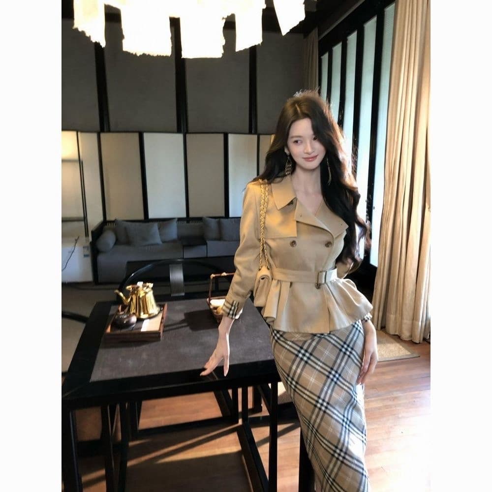 하나부터 순간 반도 라이 경기 서울 면 쇼트 스타일 재킷 재킷 레트로 체크무늬 타이트 스커트 반 스커트 출퇴근 착용 가져 가라. 이미지 3