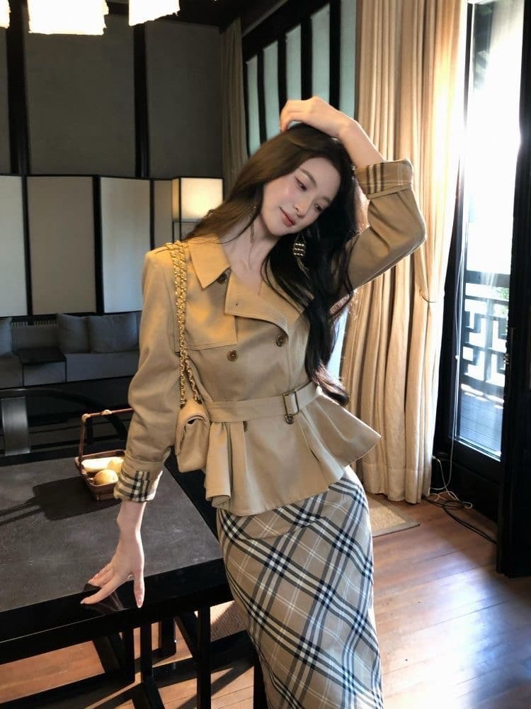 하나부터 순간 반도 라이 경기 서울 면 쇼트 스타일 재킷 재킷 레트로 체크무늬 타이트 스커트 반 스커트 출퇴근 착용 가져 가라. 이미지 4
