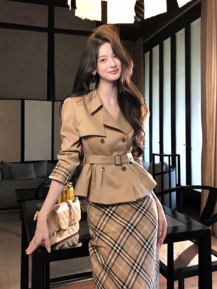 하나부터 순간 반도 라이 경기 서울 면 쇼트 스타일 재킷 재킷 레트로 체크무늬 타이트 스커트 반 스커트 출퇴근 착용 가져 가라.