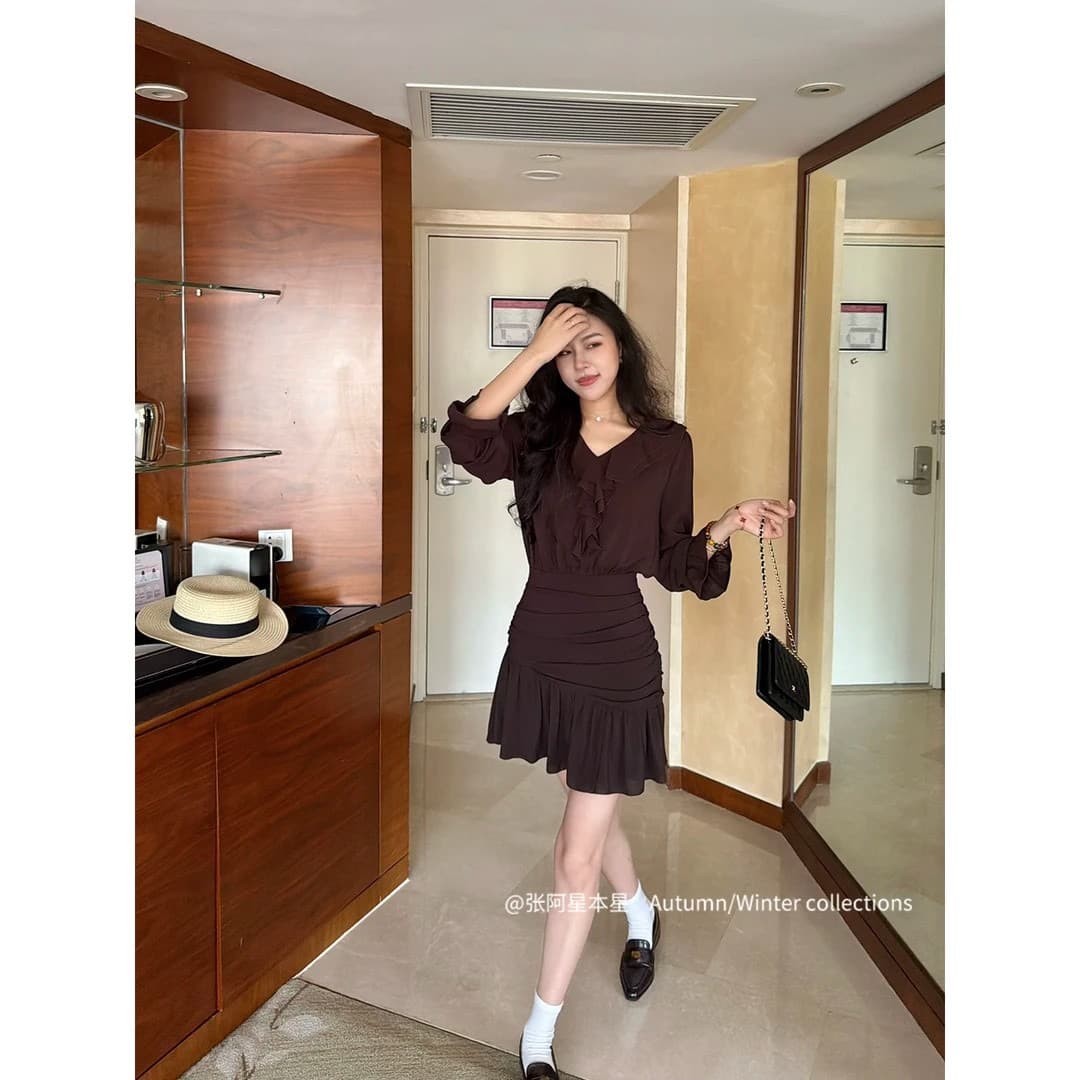 장 A 스타 여신 치마 우아함 품격 프릴 V넥 허리 수축 한 마디 치마 표지 고기 드레스 이미지 2