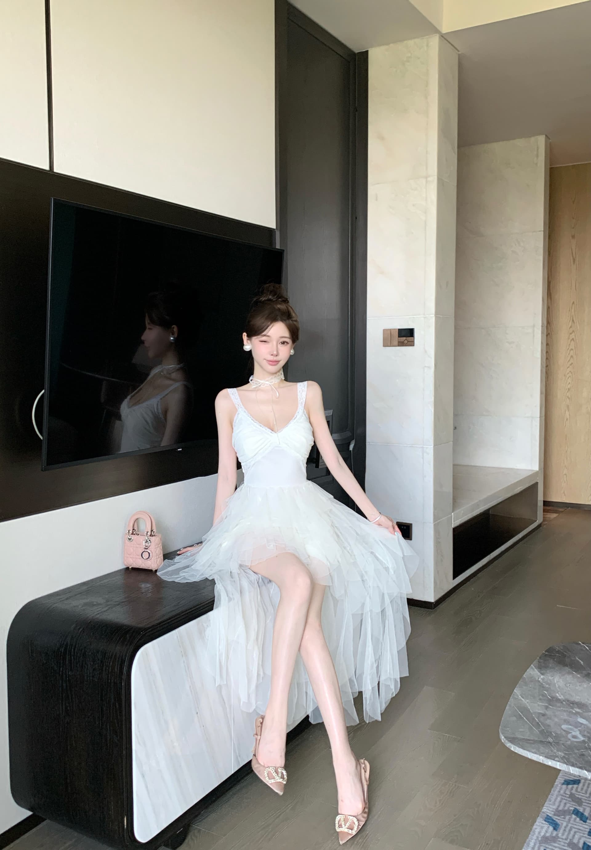 실사 2026 새로운 핫걸 작은 섹시함 프랑스식 무거운 작업 고급 화이트 망사 생일 예복 드레스 상세 이미지 14