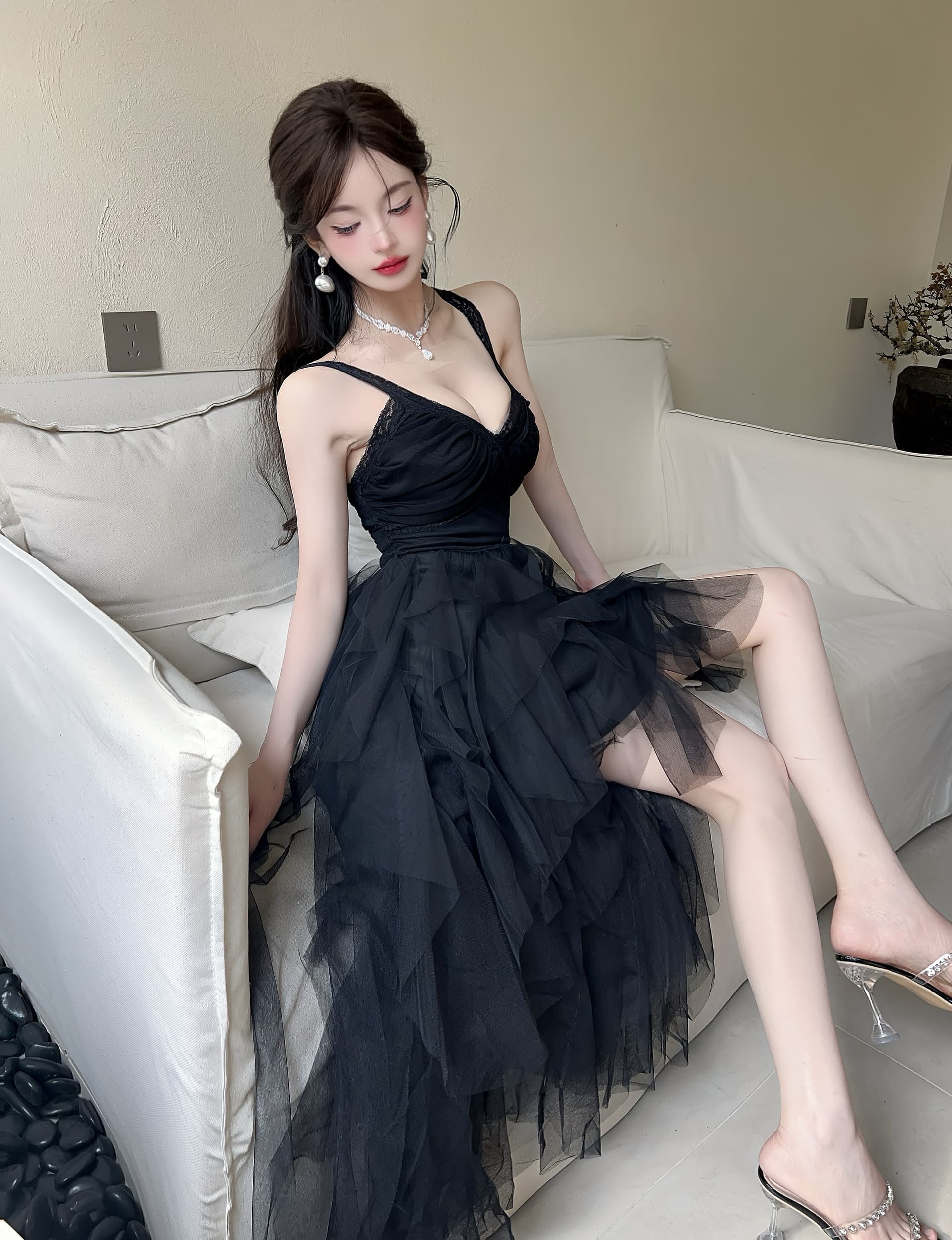 실사 2026 새로운 핫걸 작은 섹시함 프랑스식 무거운 작업 고급 화이트 망사 생일 예복 드레스 상세 이미지 30