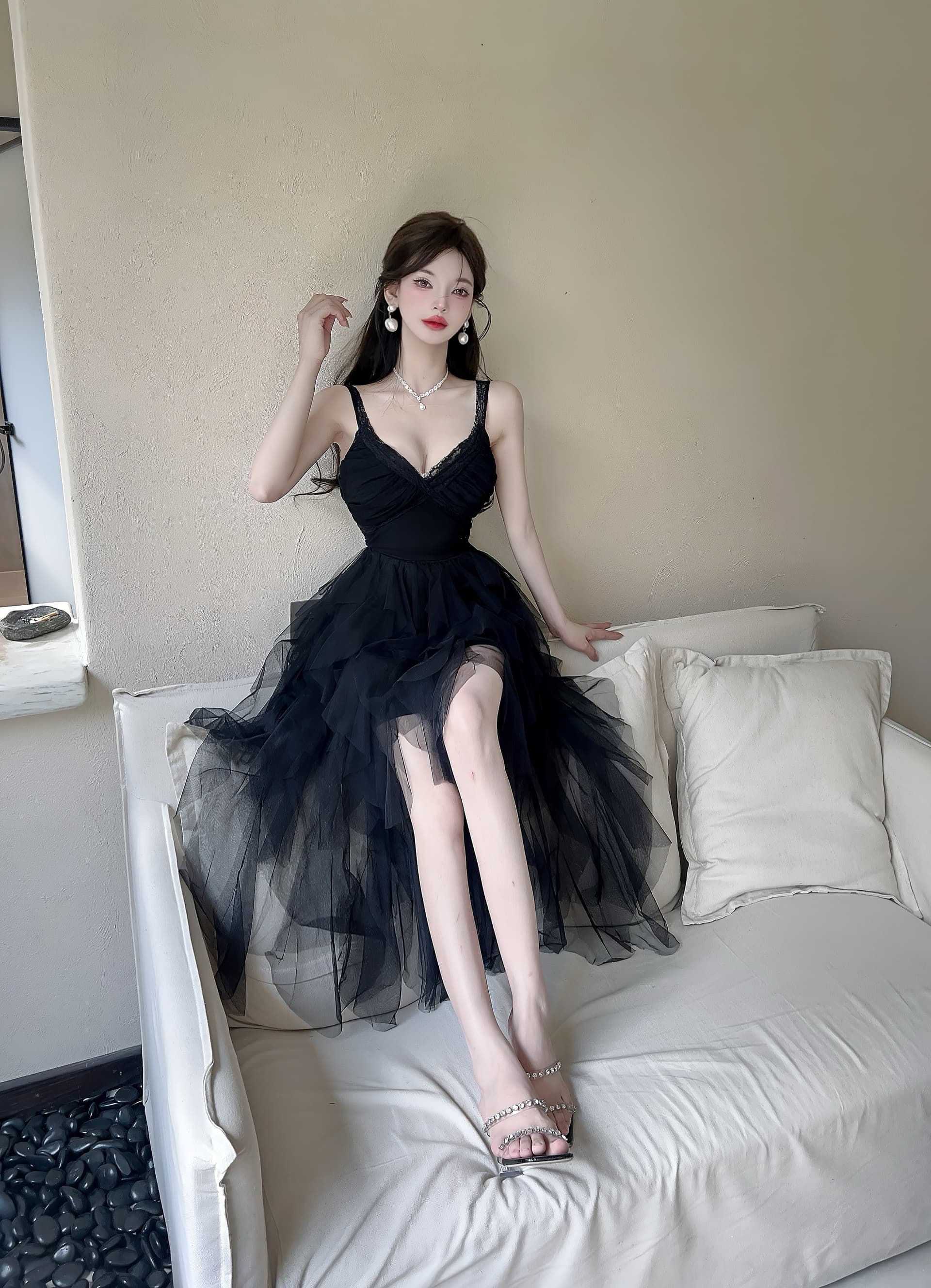 실사 2026 새로운 핫걸 작은 섹시함 프랑스식 무거운 작업 고급 화이트 망사 생일 예복 드레스 상세 이미지 31