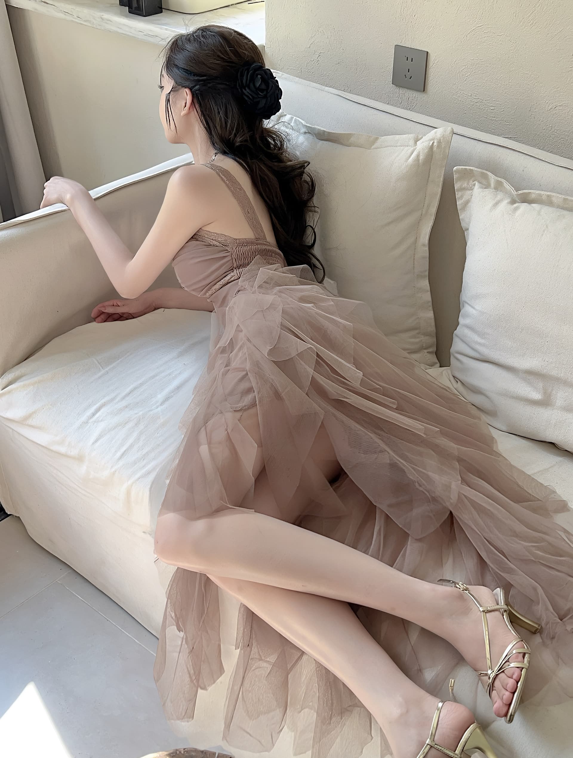 실사 2026 새로운 핫걸 작은 섹시함 프랑스식 무거운 작업 고급 화이트 망사 생일 예복 드레스 상세 이미지 40