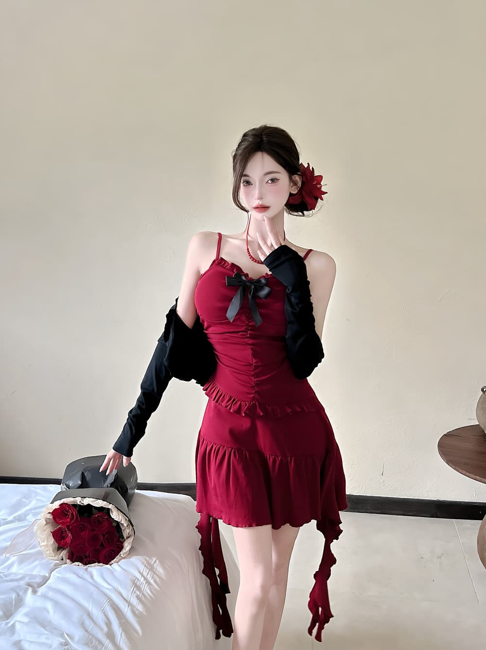 실사 핫걸 바람 빨간색 프릴 슬립 드레스 가을 허리 수축 슬림해 보이는 리본 한 마디 미니 스커트 얇고 가벼운 오픈 가디건 상세 이미지 6
