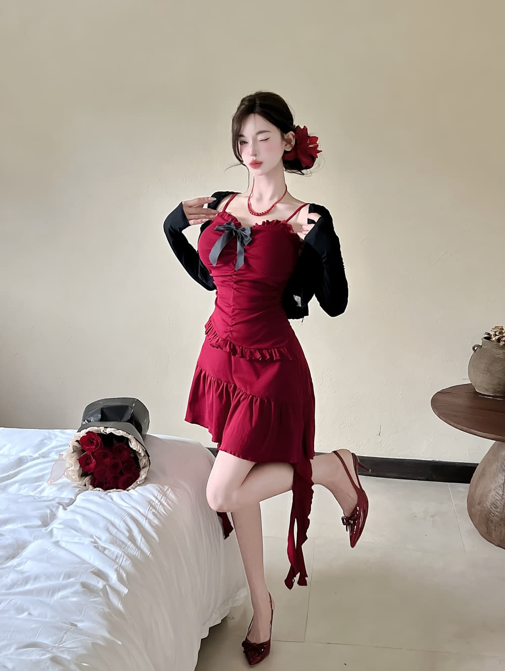 실사 핫걸 바람 빨간색 프릴 슬립 드레스 가을 허리 수축 슬림해 보이는 리본 한 마디 미니 스커트 얇고 가벼운 오픈 가디건 상세 이미지 9