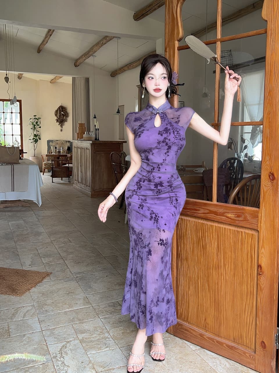 실사 새로운 중식 레트로 향상된 버전 소녀 치파오 여성 여름 헤일로 염색 꽃무늬 홀로우 아웃 몸매 가꾸기 인어 꼬리 점프 슈트 롱 스커트 이미지 2