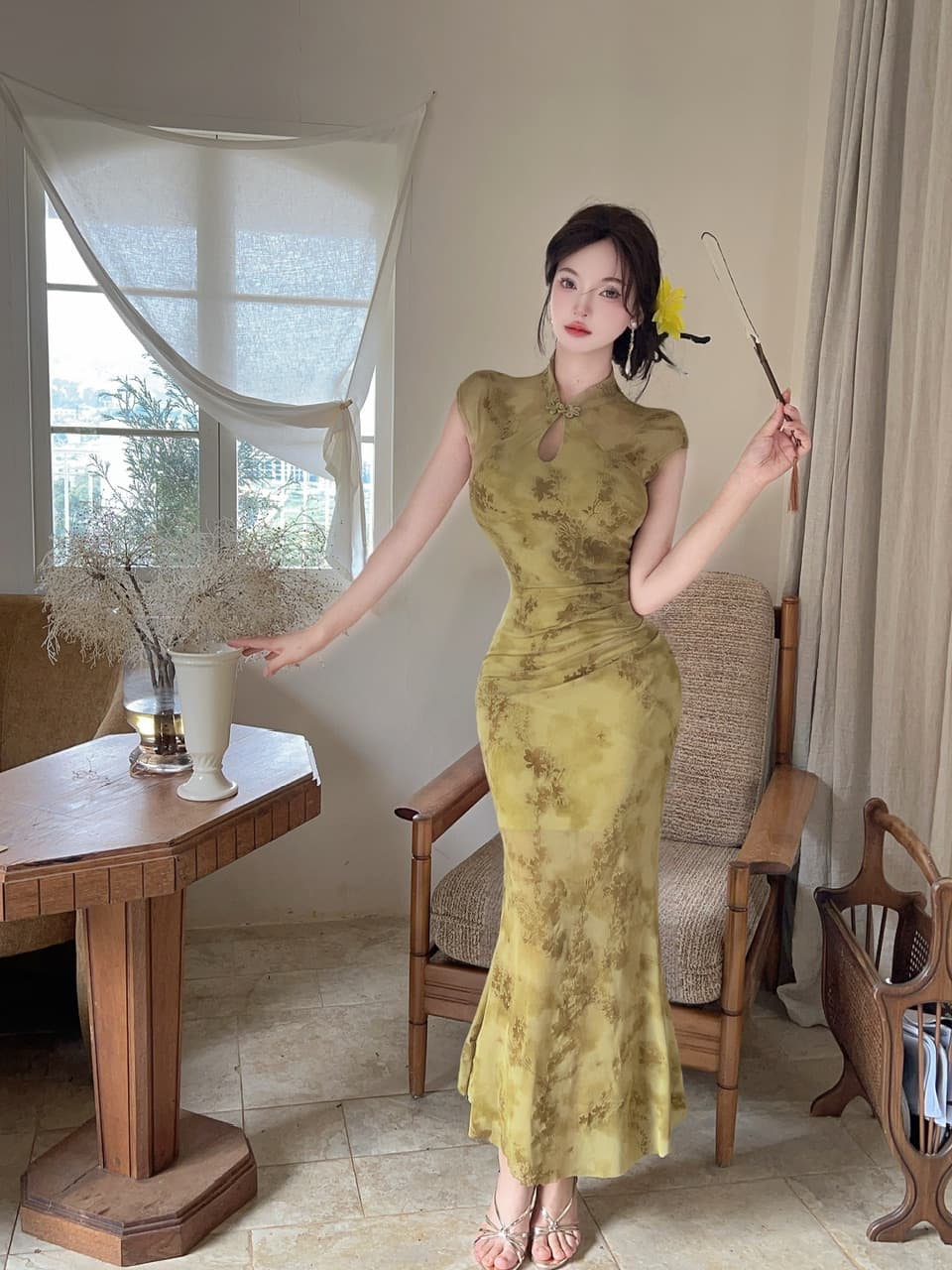 실사 새로운 중식 레트로 향상된 버전 소녀 치파오 여성 여름 헤일로 염색 꽃무늬 홀로우 아웃 몸매 가꾸기 인어 꼬리 점프 슈트 롱 스커트 상세 이미지 29