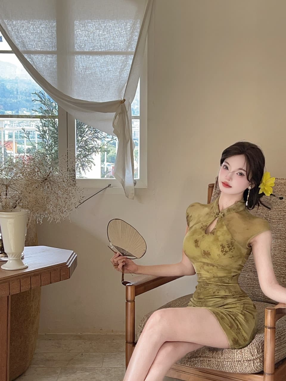 실사 새로운 중식 핑크색 치파오 감기 비싼 가스 센스 꽃무늬 민소매 드레스 소녀 섹시함 허리 수축 타이트 스커트 상세 이미지 8