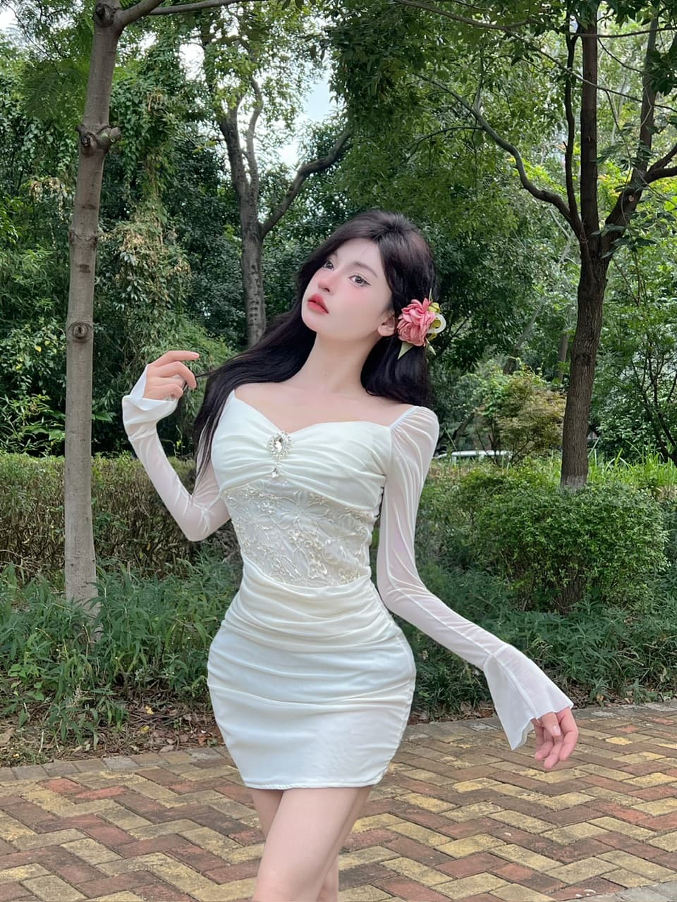 실사 긴팔 섹시함 레이스 망사 패치워크 타이트 타이트 스커트 미니 스커트 슈퍼 잘 생긴 ~ 중 이른 가을 여성 드레스 2026 상세 이미지 1