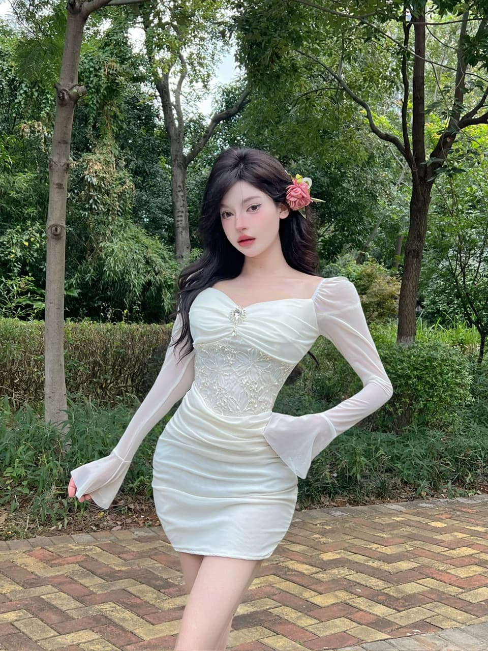 실사 긴팔 섹시함 레이스 망사 패치워크 타이트 타이트 스커트 미니 스커트 슈퍼 잘 생긴 ~ 중 이른 가을 여성 드레스 2026 상세 이미지 2