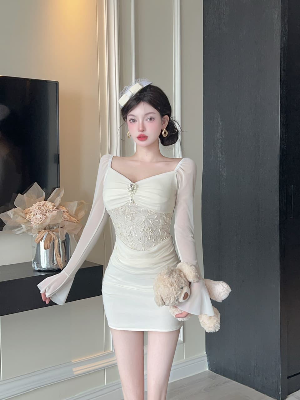 실사 긴팔 섹시함 레이스 망사 패치워크 타이트 타이트 스커트 미니 스커트 슈퍼 잘 생긴 ~ 중 이른 가을 여성 드레스 2026 상세 이미지 3