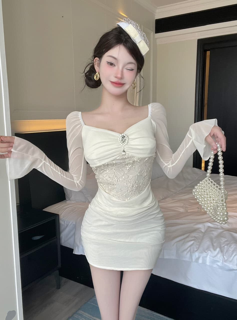 실사 긴팔 섹시함 레이스 망사 패치워크 타이트 타이트 스커트 미니 스커트 슈퍼 잘 생긴 ~ 중 이른 가을 여성 드레스 2026 상세 이미지 6