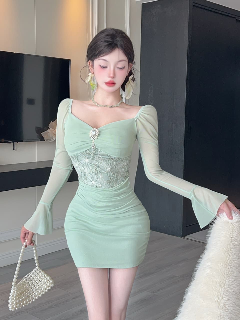 실사 긴팔 섹시함 레이스 망사 패치워크 타이트 타이트 스커트 미니 스커트 슈퍼 잘 생긴 ~ 중 이른 가을 여성 드레스 2026 상세 이미지 9