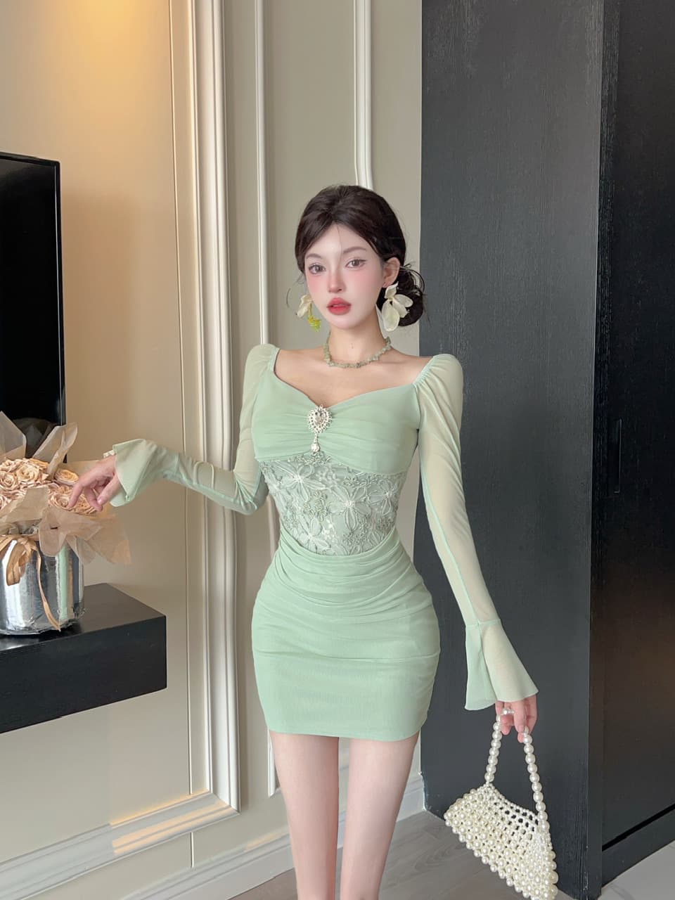 실사 긴팔 섹시함 레이스 망사 패치워크 타이트 타이트 스커트 미니 스커트 슈퍼 잘 생긴 ~ 중 이른 가을 여성 드레스 2026 상세 이미지 10