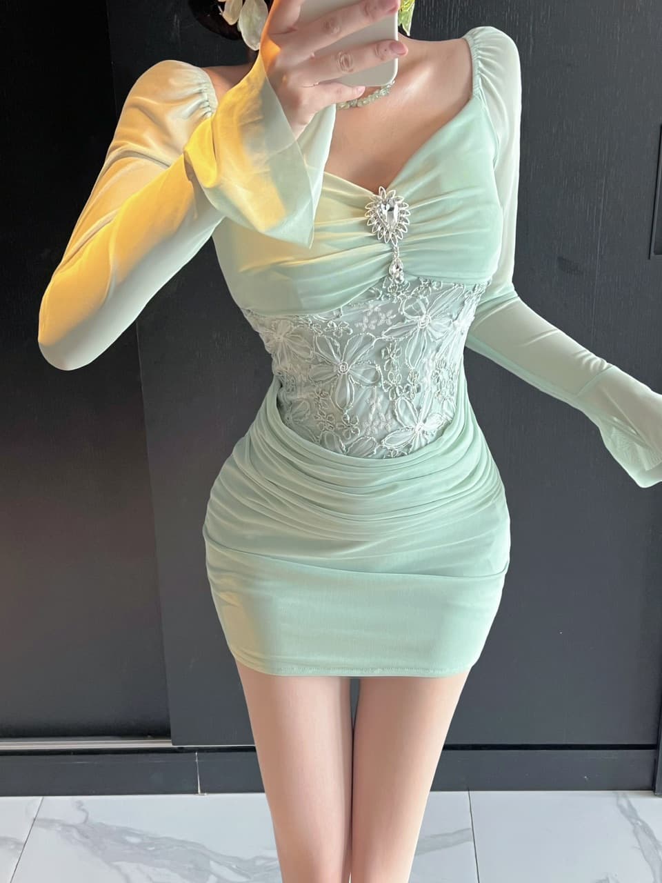 실사 긴팔 섹시함 레이스 망사 패치워크 타이트 타이트 스커트 미니 스커트 슈퍼 잘 생긴 ~ 중 이른 가을 여성 드레스 2026 상세 이미지 13