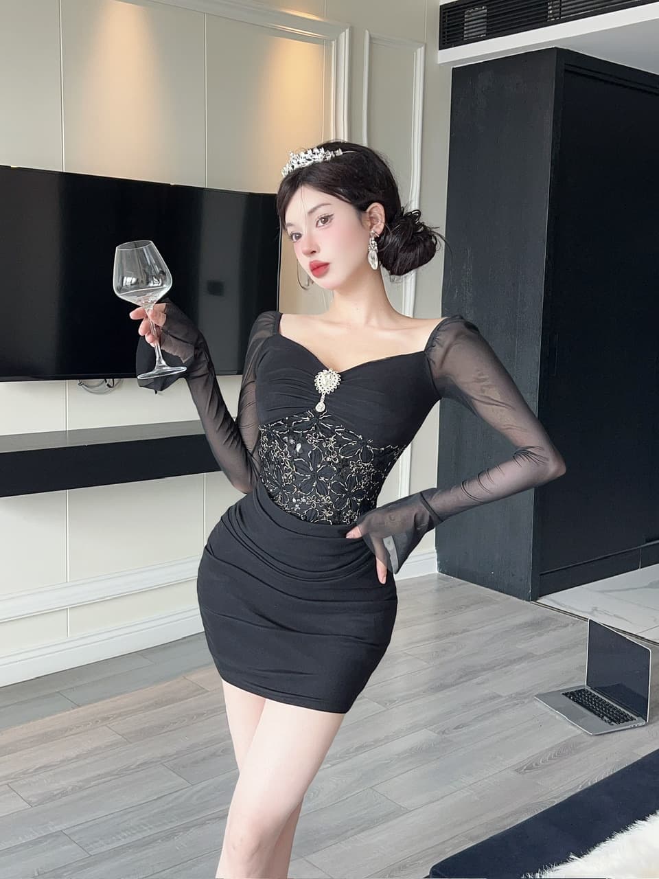 실사 긴팔 섹시함 레이스 망사 패치워크 타이트 타이트 스커트 미니 스커트 슈퍼 잘 생긴 ~ 중 이른 가을 여성 드레스 2026 상세 이미지 17