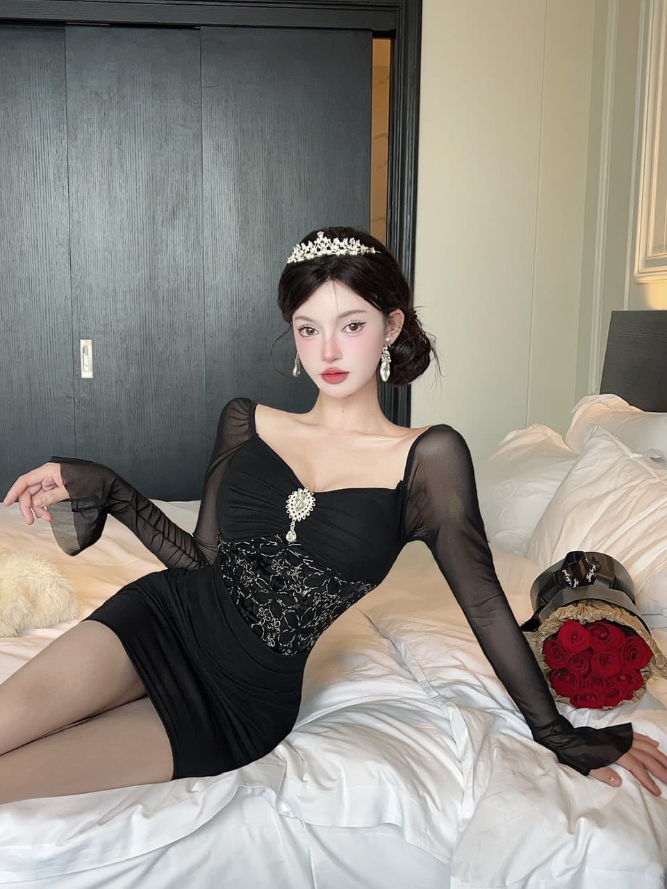 실사 긴팔 섹시함 레이스 망사 패치워크 타이트 타이트 스커트 미니 스커트 슈퍼 잘 생긴 ~ 중 이른 가을 여성 드레스 2026 상세 이미지 20