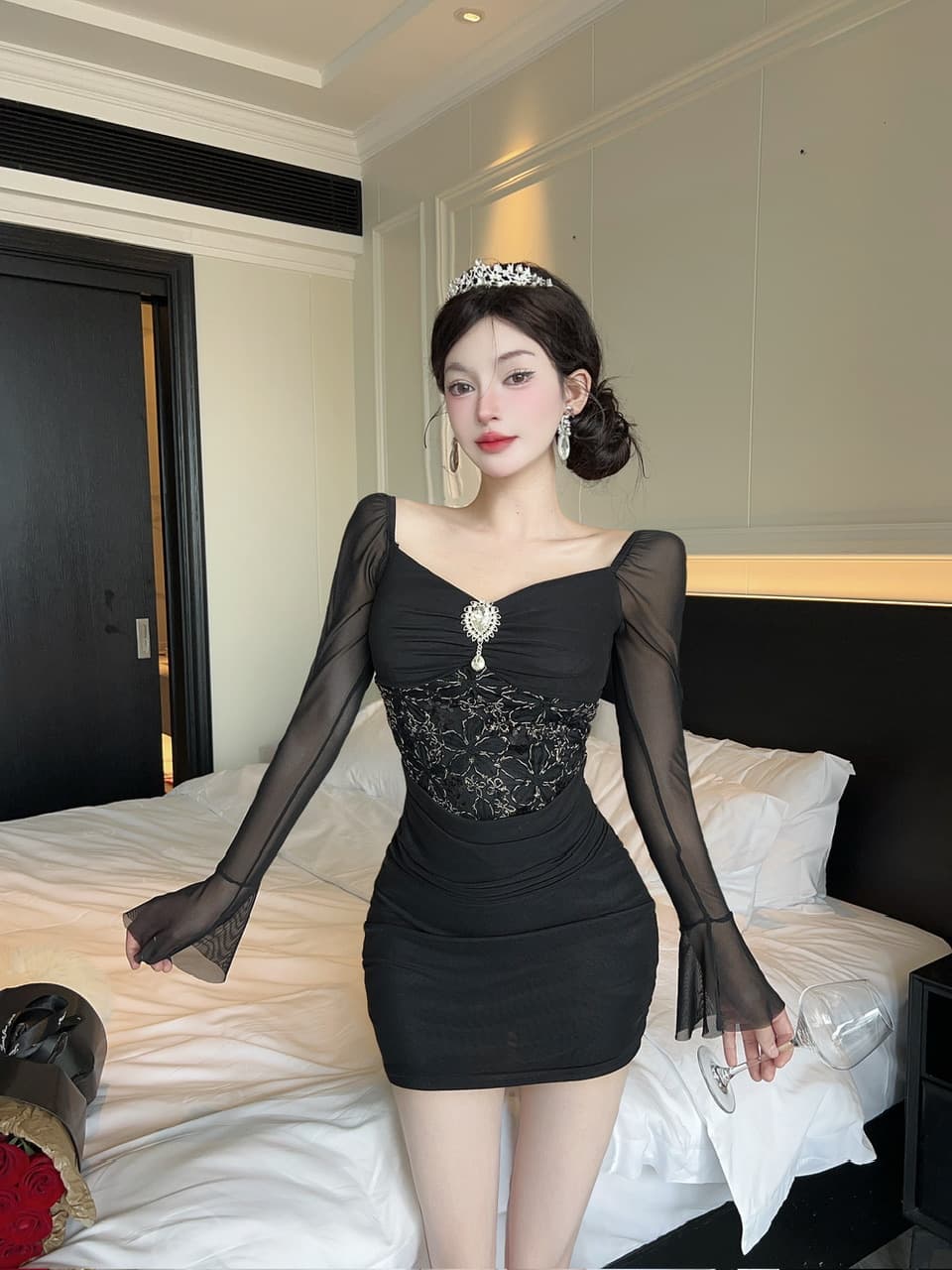 실사 긴팔 섹시함 레이스 망사 패치워크 타이트 타이트 스커트 미니 스커트 슈퍼 잘 생긴 ~ 중 이른 가을 여성 드레스 2026 상세 이미지 21