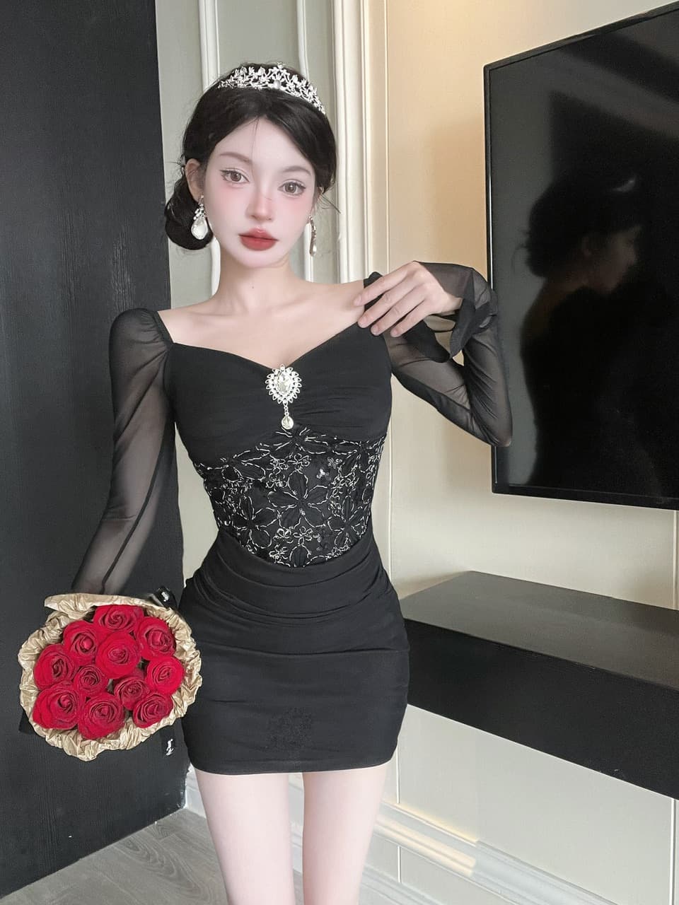 실사 긴팔 섹시함 레이스 망사 패치워크 타이트 타이트 스커트 미니 스커트 슈퍼 잘 생긴 ~ 중 이른 가을 여성 드레스 2026 상세 이미지 22