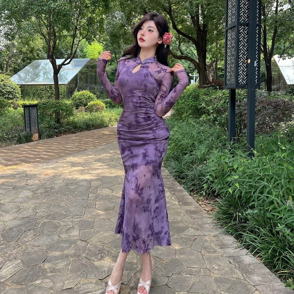 실사 새로운 중식 레트로 향상된 버전 소녀 치파오 여성 여름 헤일로 염색 꽃무늬 홀로우 아웃 몸매 가꾸기 인어 꼬리 점프 슈트 롱 스커트 이미지 2
