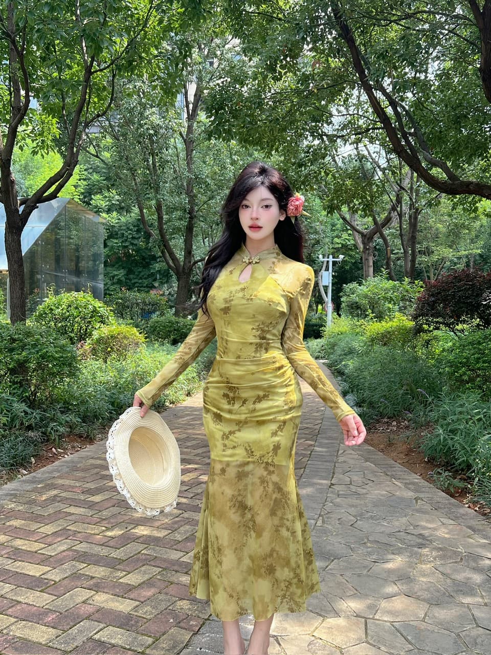 실사 새로운 중식 레트로 향상된 버전 소녀 치파오 여성 여름 헤일로 염색 꽃무늬 홀로우 아웃 몸매 가꾸기 인어 꼬리 점프 슈트 롱 스커트 상세 이미지 13