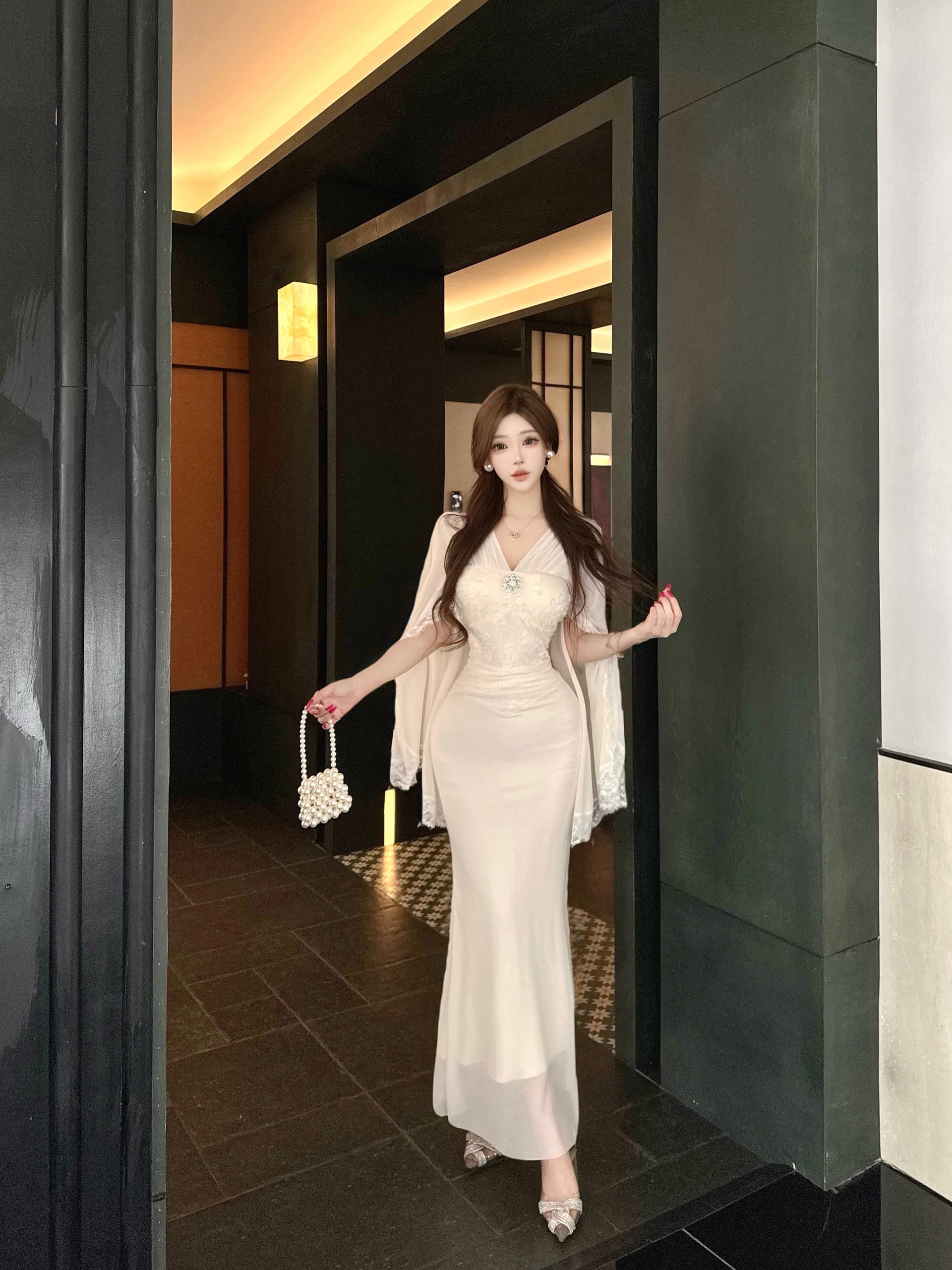 실사 강남 아름다움 아름다운 고급 센스 부드러운 순수한 욕망 리본 심지어 어깨 소매 디자인 센스 예복 슬림해 보이는 기본 스커트 상세 이미지 8