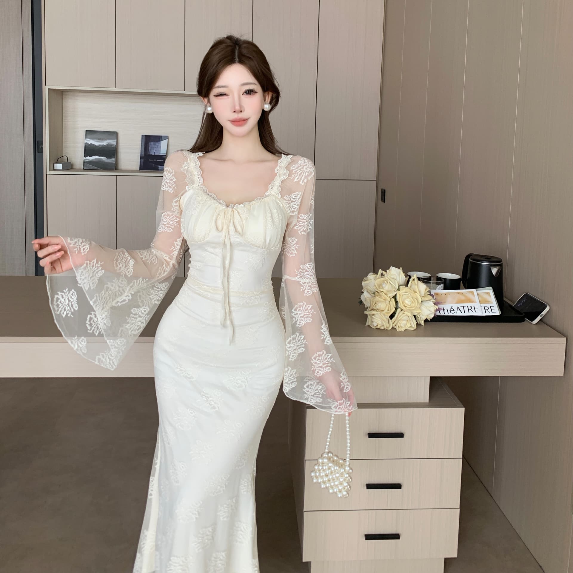 실사 프랑스식 로얄 자매 바람 레이스 나팔 소매 디스플레이 화이트 여성 드레스 고급 센스 품격 슈퍼 요정 예복 롱 스커트 상세 이미지 4