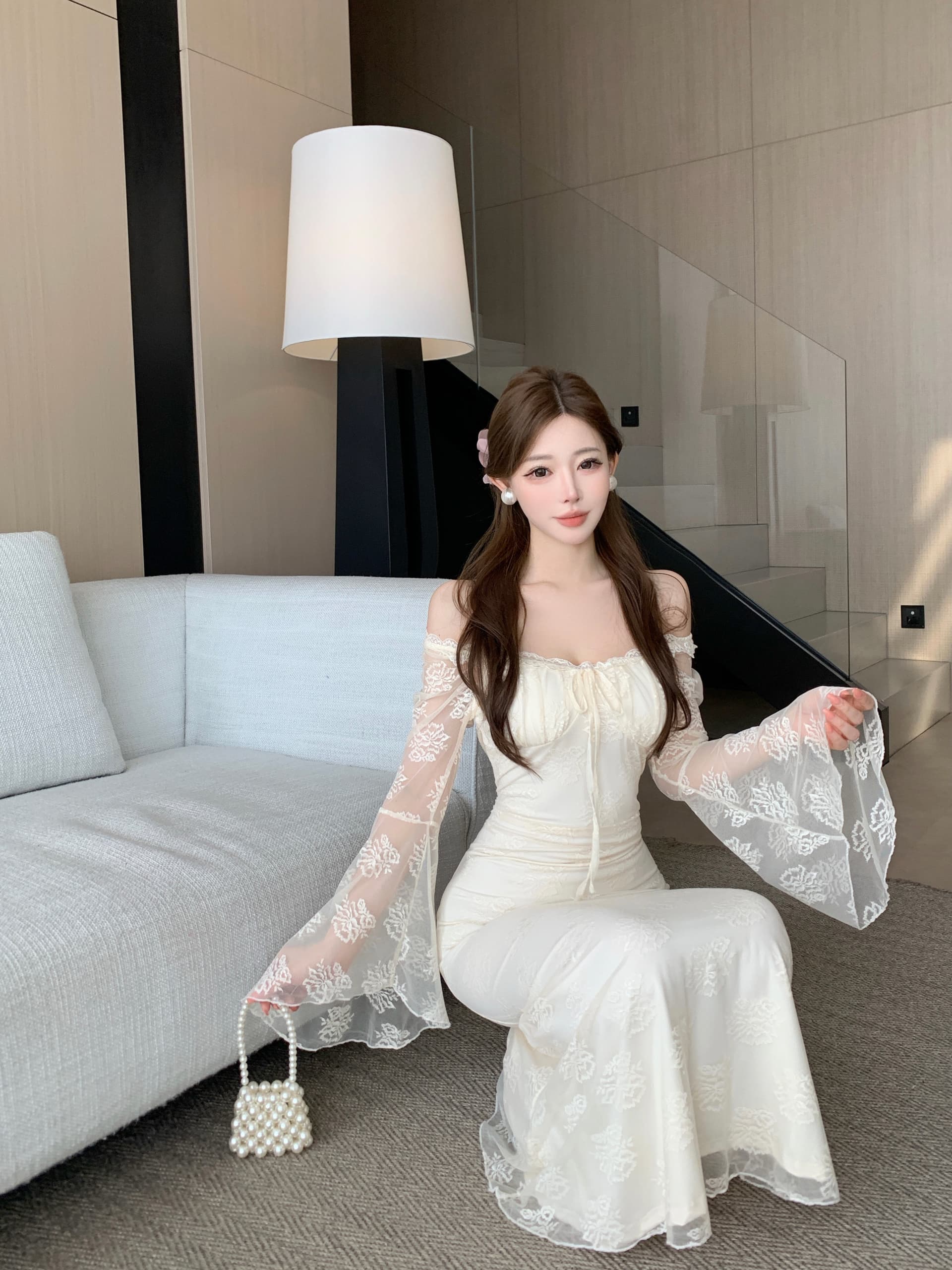 실사 프랑스식 로얄 자매 바람 레이스 나팔 소매 디스플레이 화이트 여성 드레스 고급 센스 품격 슈퍼 요정 예복 롱 스커트 상세 이미지 5