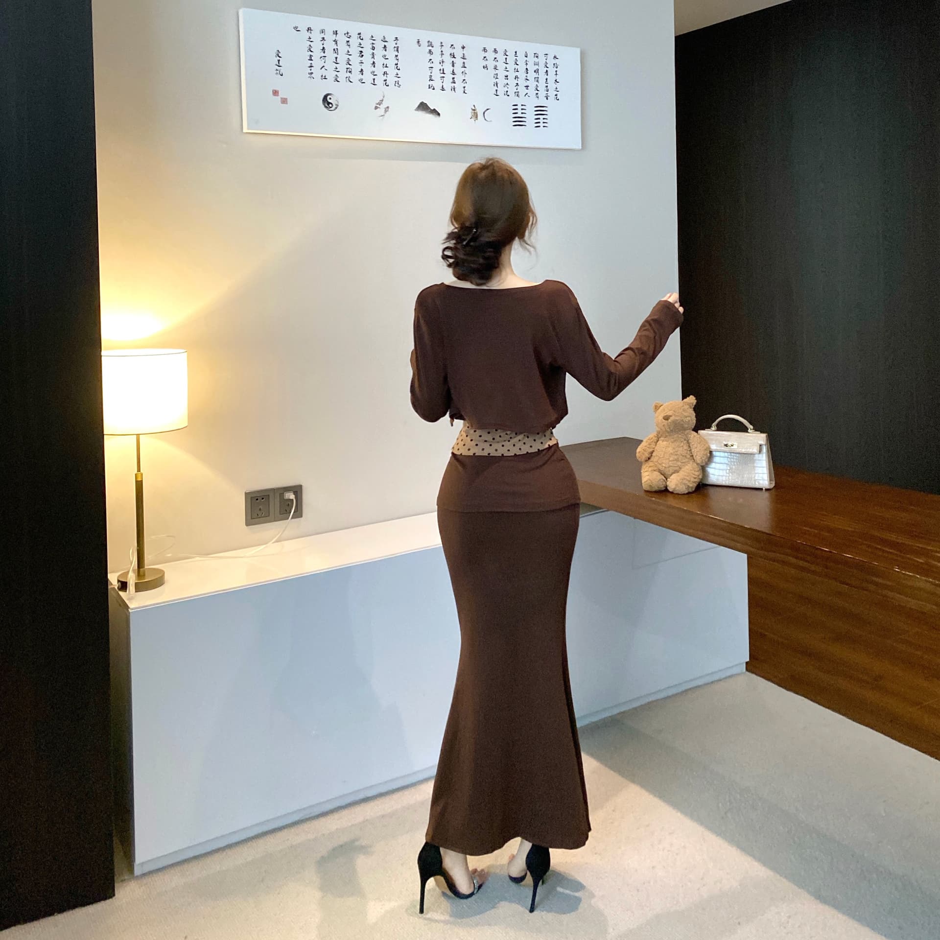 실사 레이스 조각 도트 무늬 순수한 욕망 캐미솔 긴팔 오픈 가디건 여성 겨울 세트 인어 꼬리 스커트 반 스커트 3종 세트 상세 이미지 4