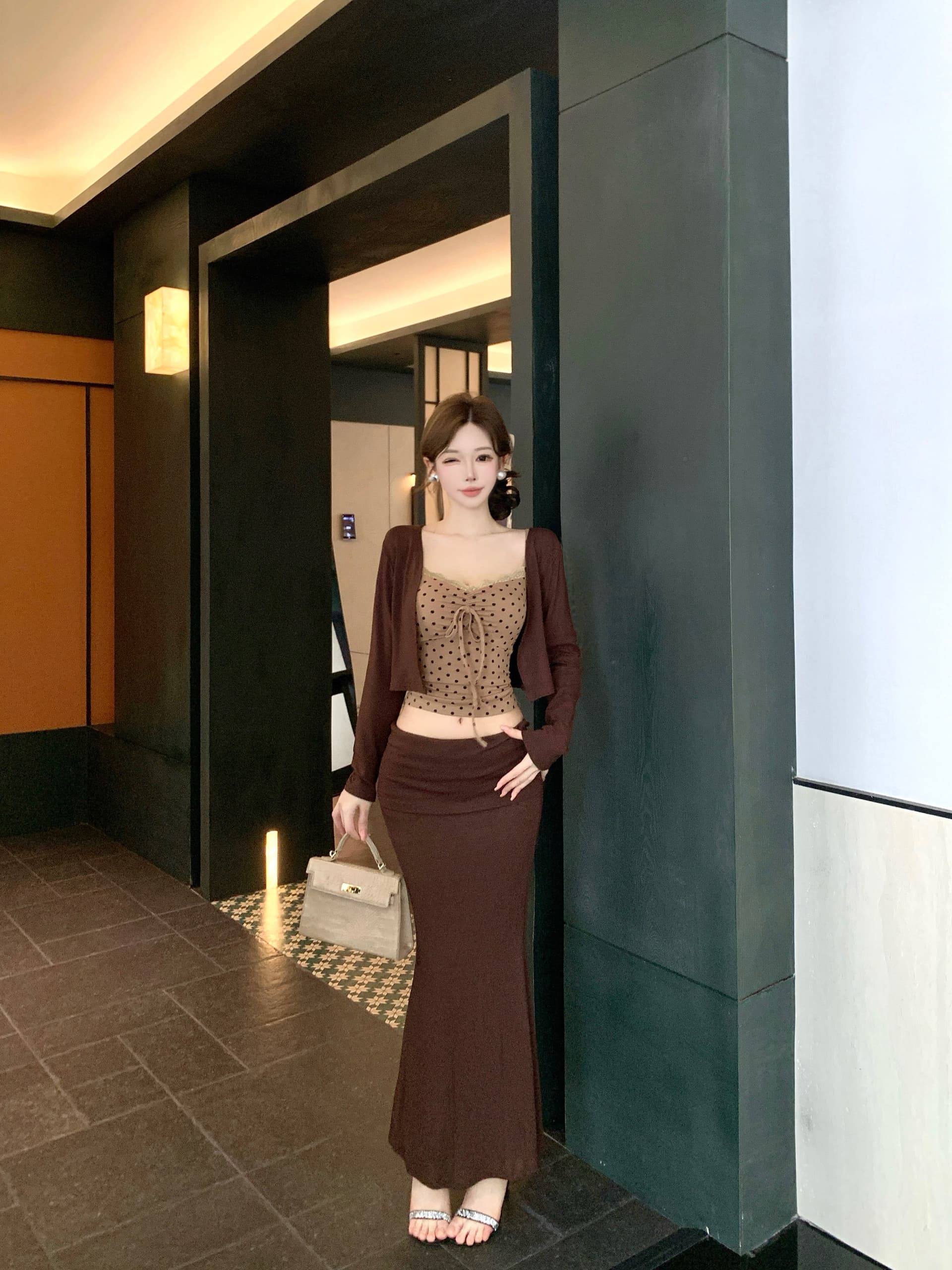 실사 레이스 조각 도트 무늬 순수한 욕망 캐미솔 긴팔 오픈 가디건 여성 겨울 세트 인어 꼬리 스커트 반 스커트 3종 세트 상세 이미지 10
