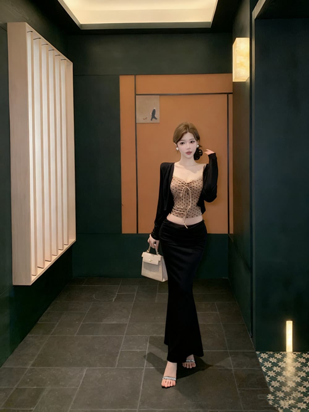 실사 레이스 조각 도트 무늬 순수한 욕망 캐미솔 긴팔 오픈 가디건 여성 겨울 세트 인어 꼬리 스커트 반 스커트 3종 세트 상세 이미지 11