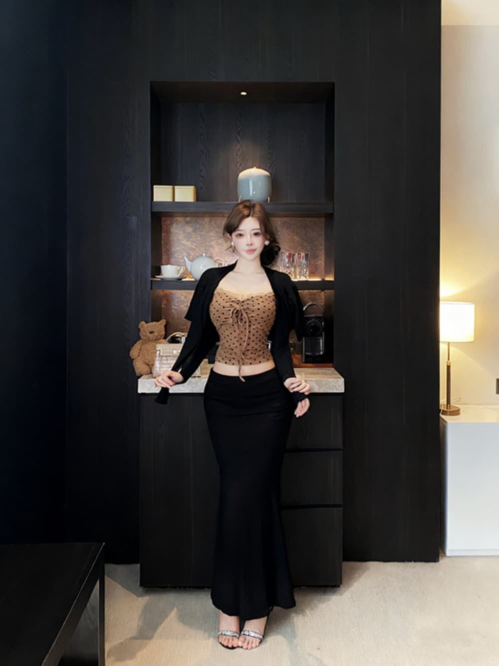 실사 레이스 조각 도트 무늬 순수한 욕망 캐미솔 긴팔 오픈 가디건 여성 겨울 세트 인어 꼬리 스커트 반 스커트 3종 세트 상세 이미지 15