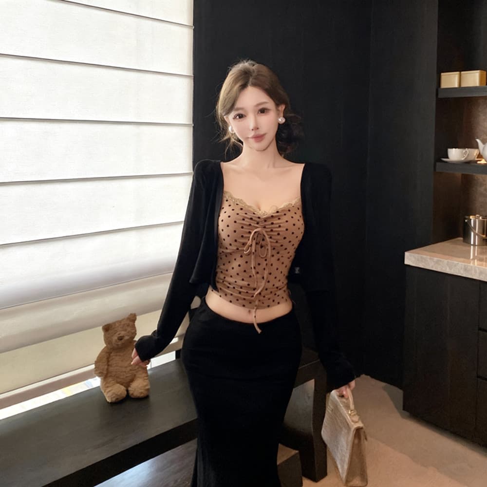 실사 레이스 조각 도트 무늬 순수한 욕망 캐미솔 긴팔 오픈 가디건 여성 겨울 세트 인어 꼬리 스커트 반 스커트 3종 세트 상세 이미지 16