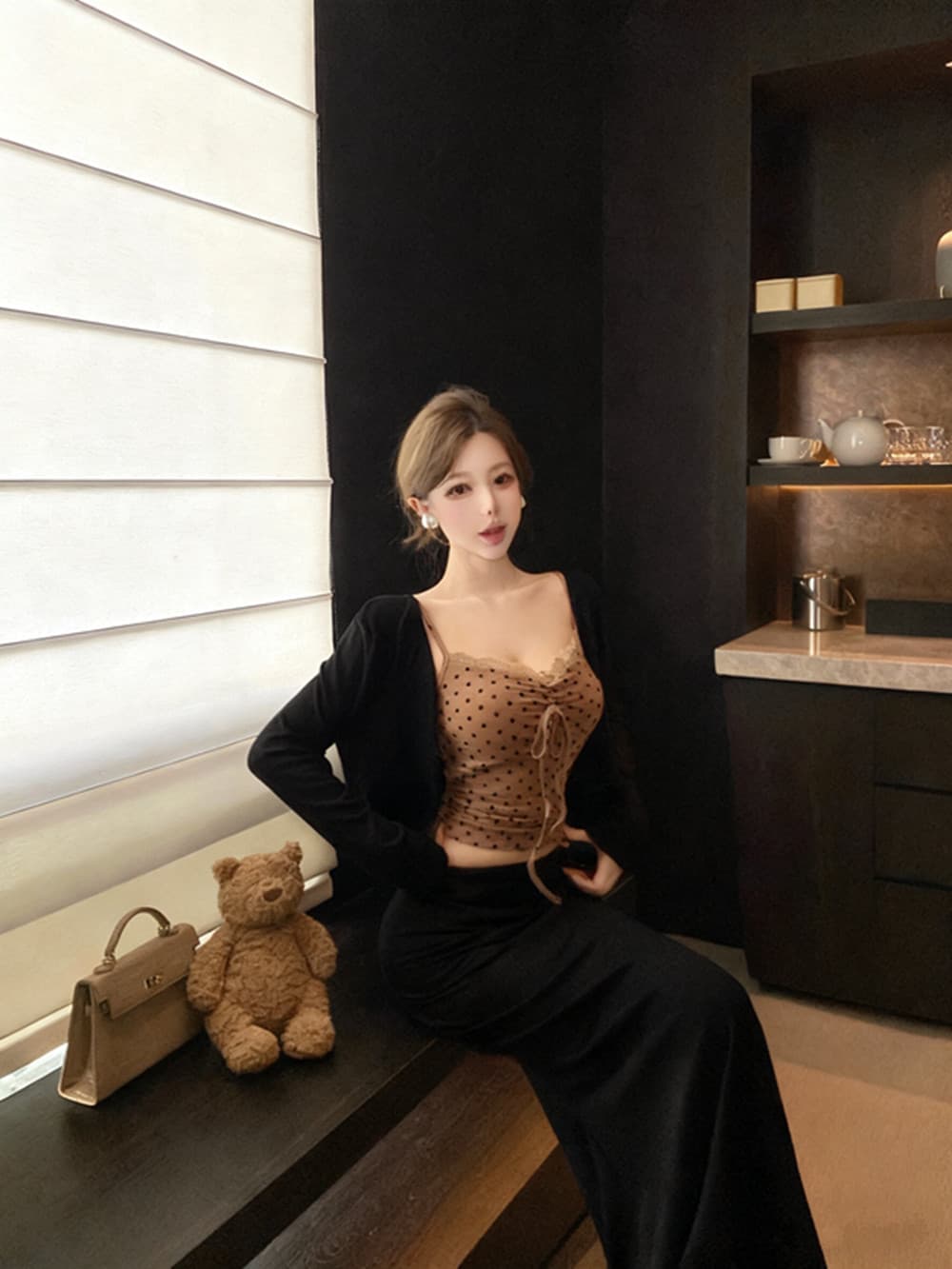 실사 레이스 조각 도트 무늬 순수한 욕망 캐미솔 긴팔 오픈 가디건 여성 겨울 세트 인어 꼬리 스커트 반 스커트 3종 세트 상세 이미지 18