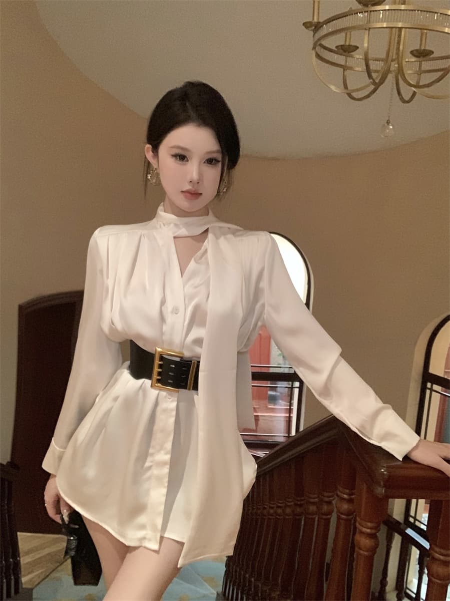 실사 프랑스식 품격 명문 여성 고급 센스 새틴 셔츠 드레스 여름 불규칙 품격 미니 스커트 여성 의류 이미지 2