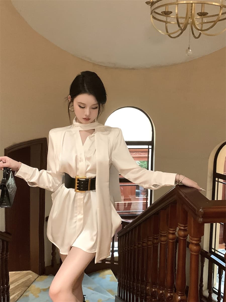 실사 프랑스식 품격 명문 여성 고급 센스 새틴 셔츠 드레스 여름 불규칙 품격 미니 스커트 여성 의류