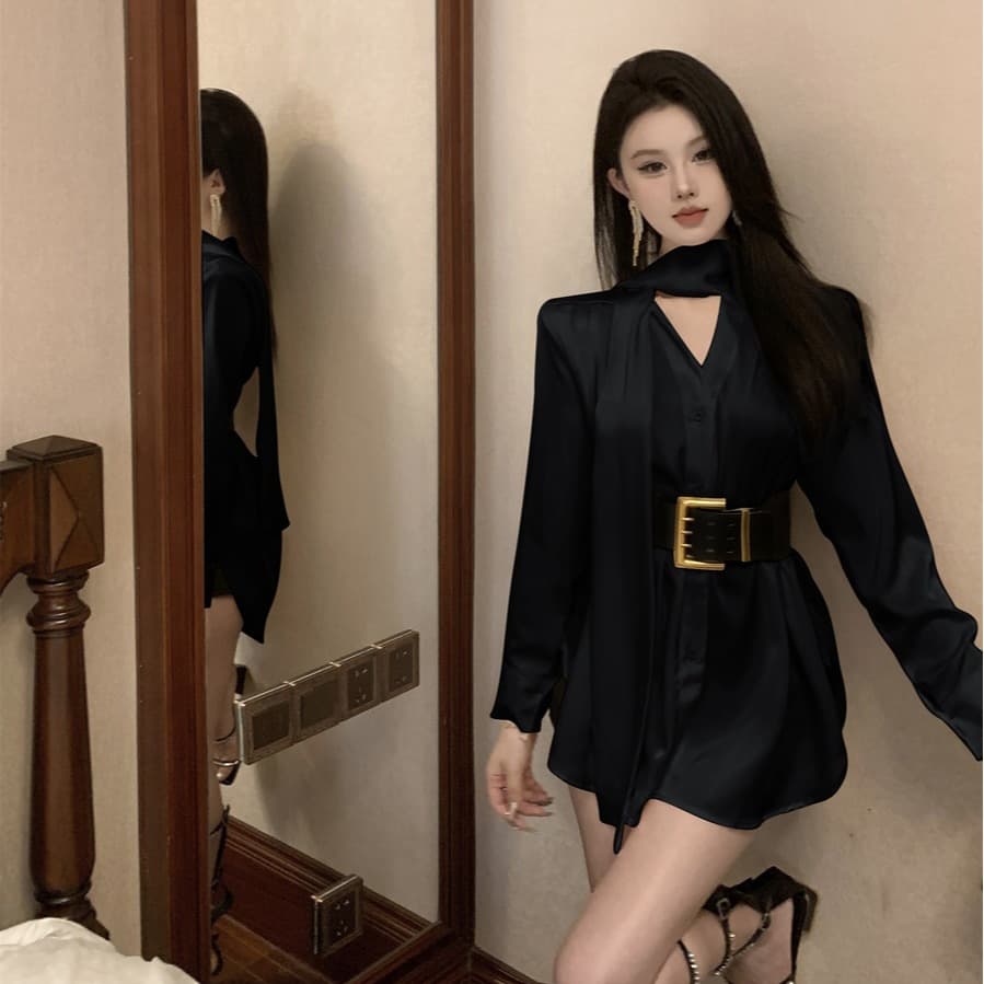 실사 프랑스식 품격 명문 여성 고급 센스 새틴 셔츠 드레스 여름 불규칙 품격 미니 스커트 여성 의류 이미지 5