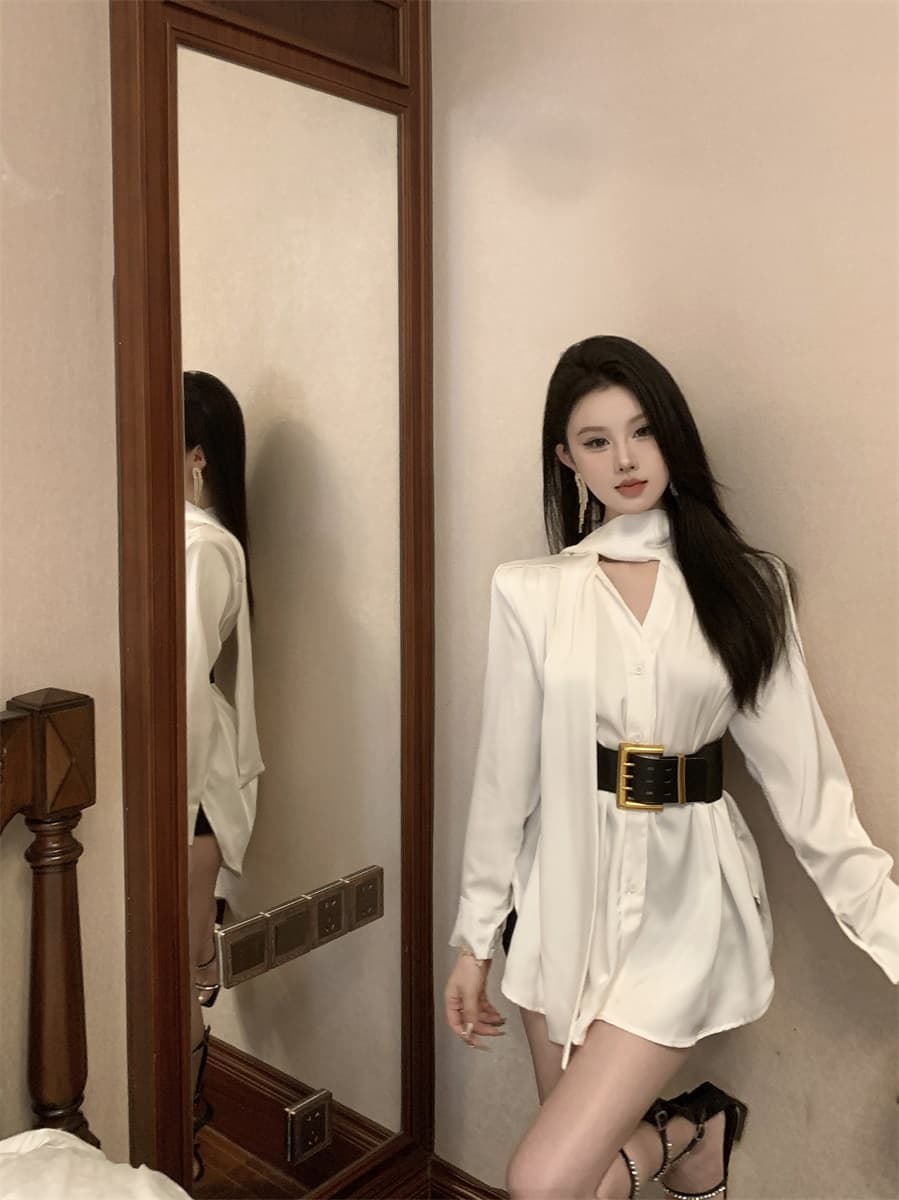실사 프랑스식 품격 명문 여성 고급 센스 새틴 셔츠 드레스 여름 불규칙 품격 미니 스커트 여성 의류 상세 이미지 2