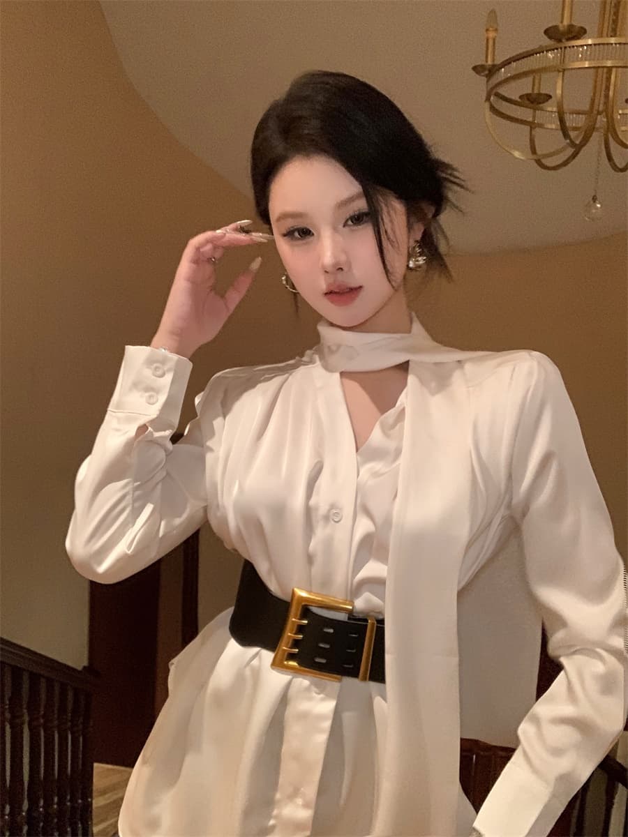 실사 프랑스식 품격 명문 여성 고급 센스 새틴 셔츠 드레스 여름 불규칙 품격 미니 스커트 여성 의류 상세 이미지 4