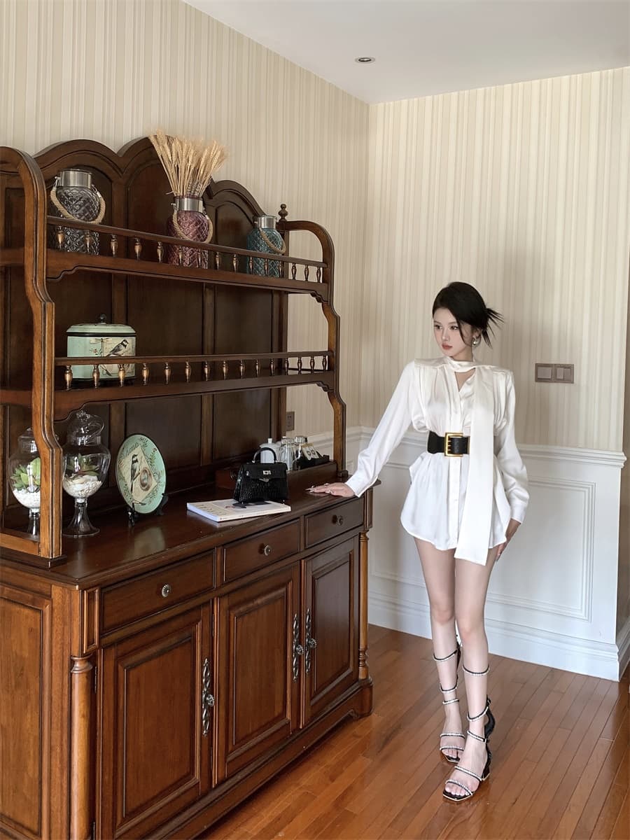 실사 프랑스식 품격 명문 여성 고급 센스 새틴 셔츠 드레스 여름 불규칙 품격 미니 스커트 여성 의류 상세 이미지 8