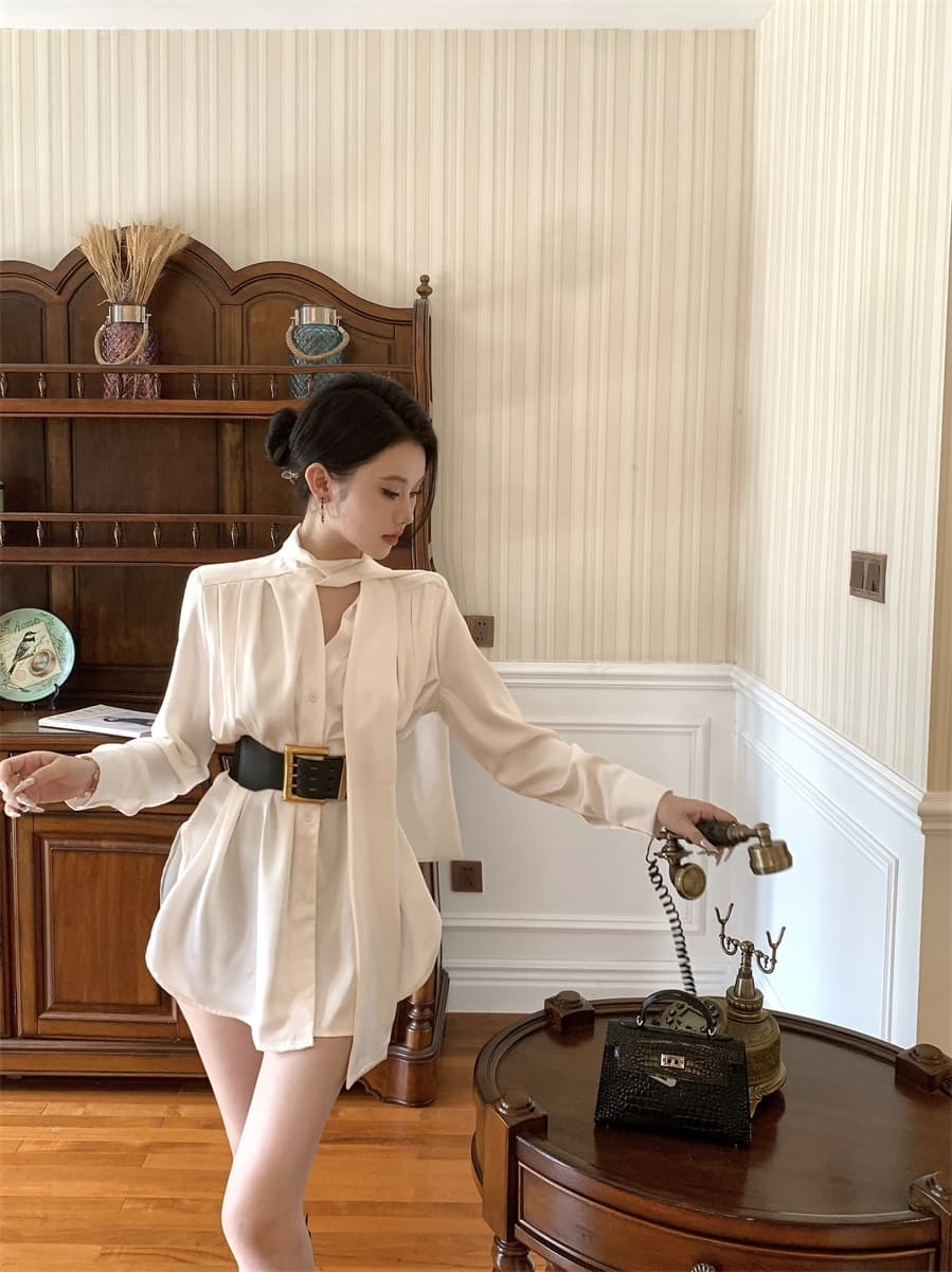 실사 프랑스식 품격 명문 여성 고급 센스 새틴 셔츠 드레스 여름 불규칙 품격 미니 스커트 여성 의류 상세 이미지 10