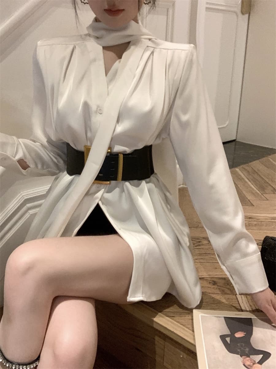 실사 프랑스식 품격 명문 여성 고급 센스 새틴 셔츠 드레스 여름 불규칙 품격 미니 스커트 여성 의류 상세 이미지 11