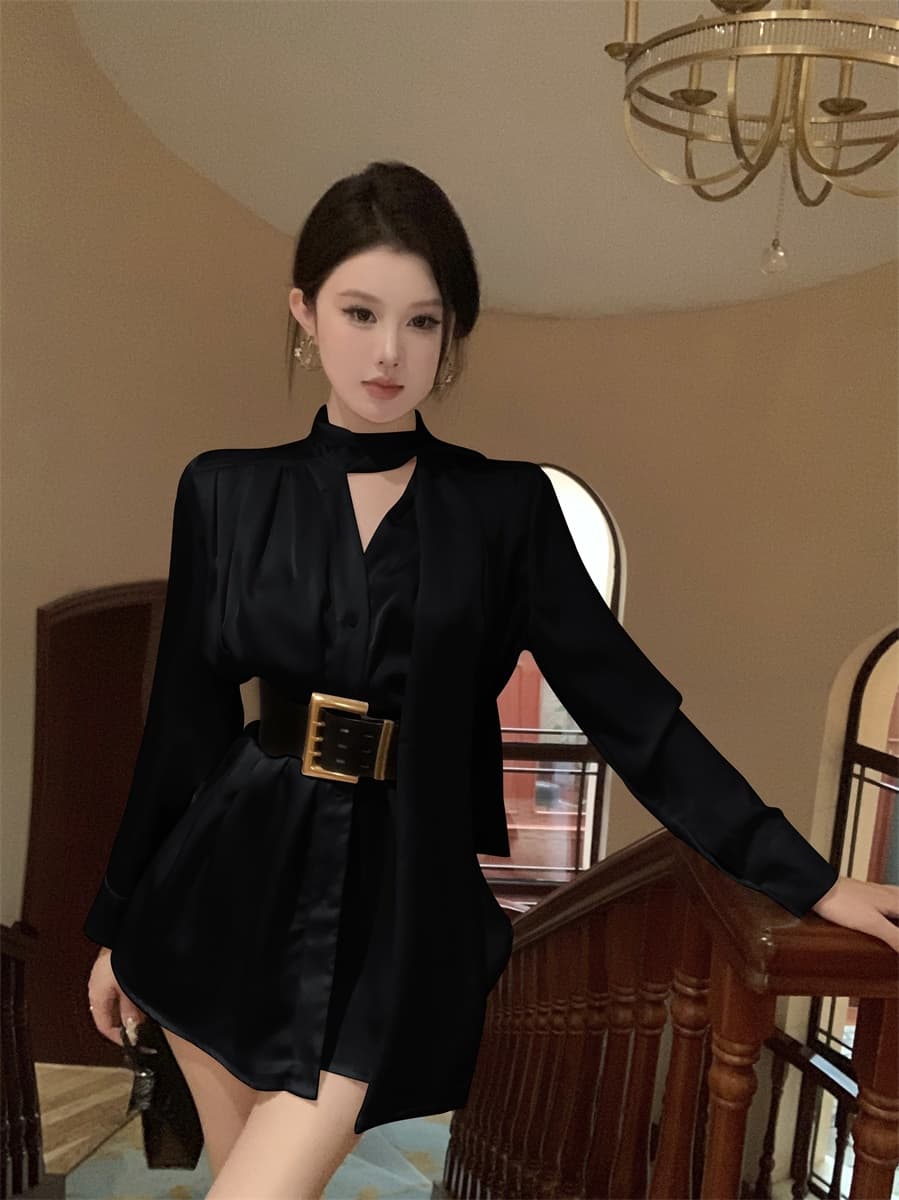 실사 프랑스식 품격 명문 여성 고급 센스 새틴 셔츠 드레스 여름 불규칙 품격 미니 스커트 여성 의류 상세 이미지 12