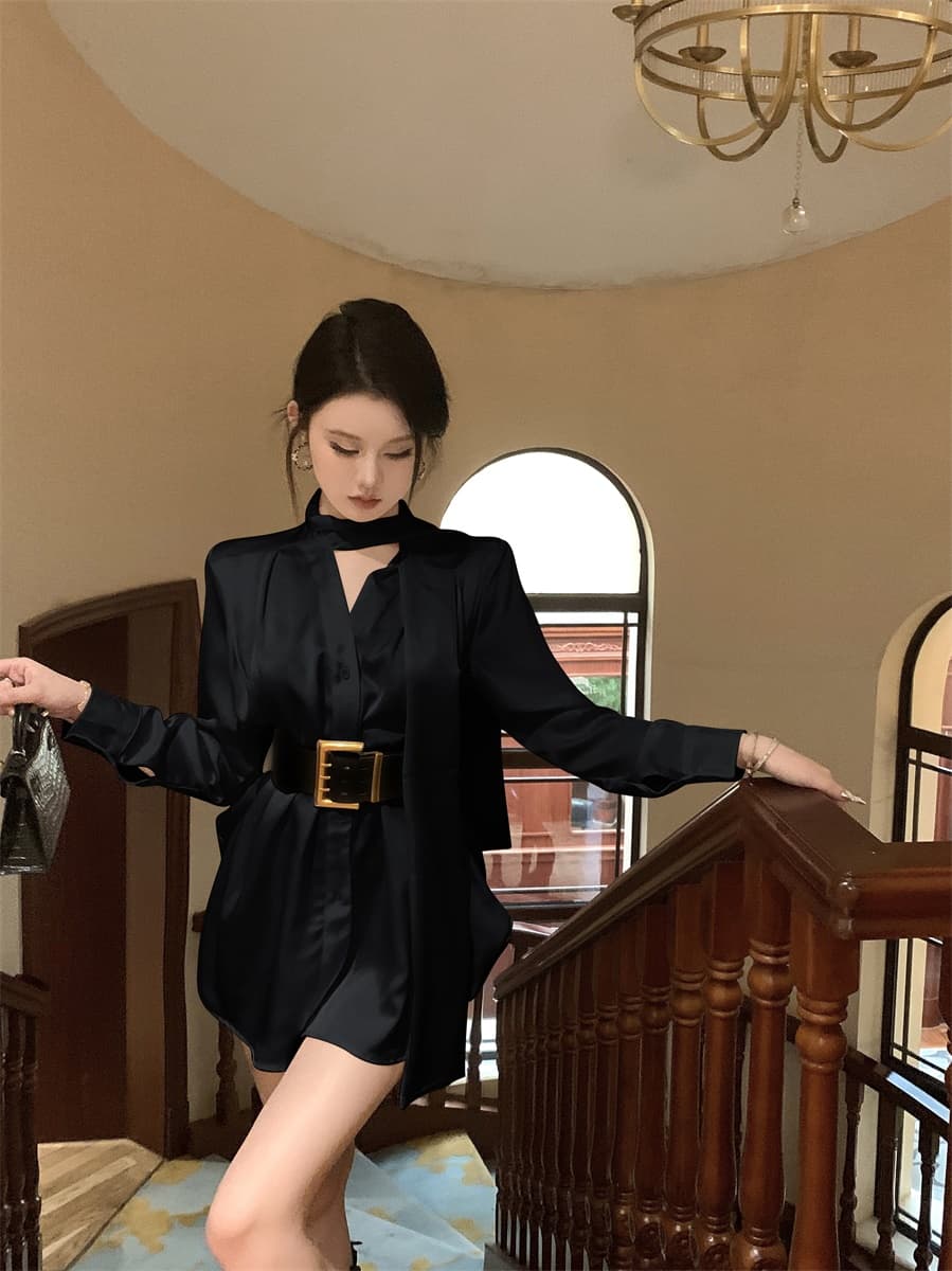 실사 프랑스식 품격 명문 여성 고급 센스 새틴 셔츠 드레스 여름 불규칙 품격 미니 스커트 여성 의류 상세 이미지 18